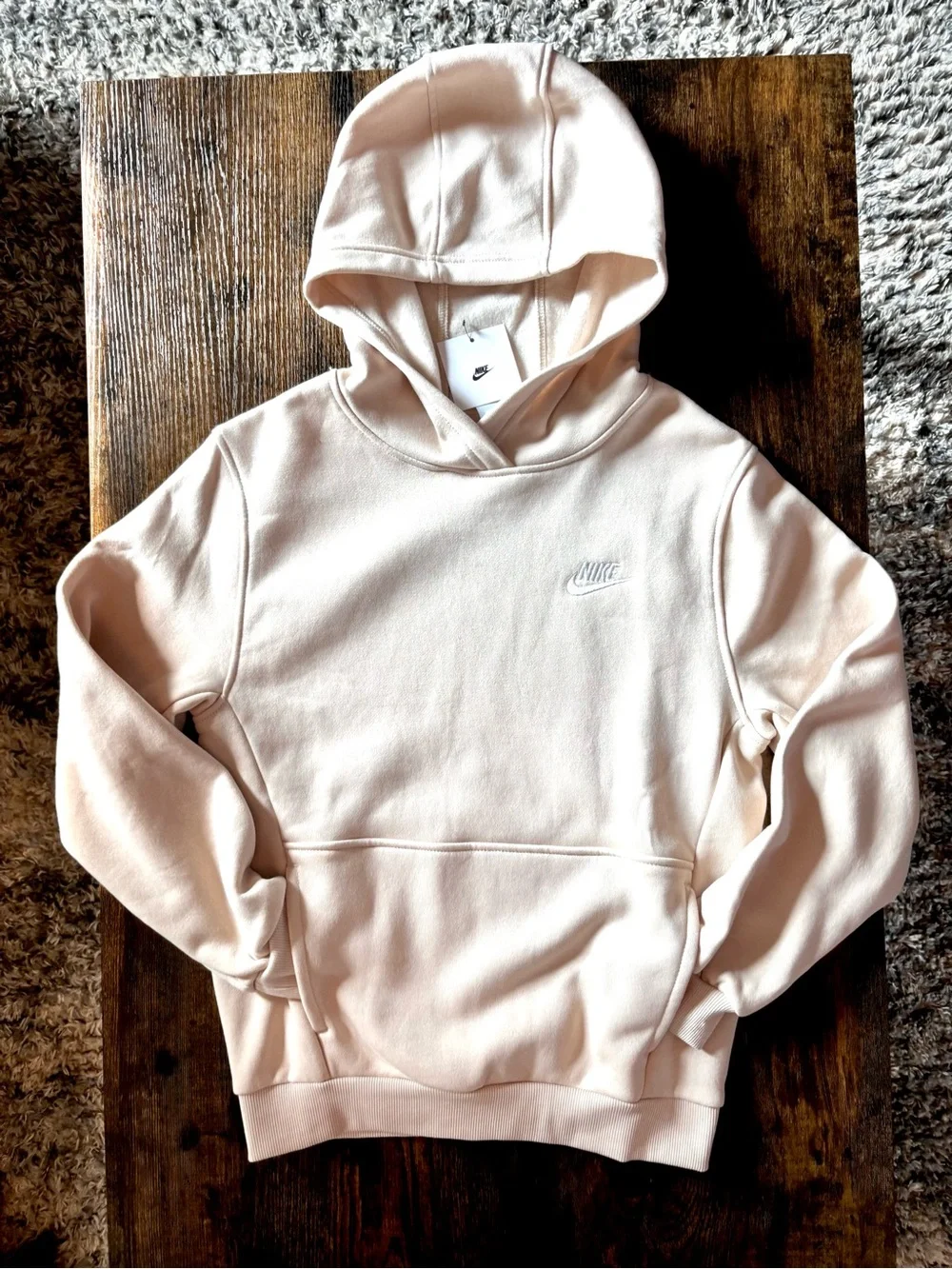 Nike Creamy Tan Pullover Hoodie with Embroidered White Nike Swoosh  Kids Large